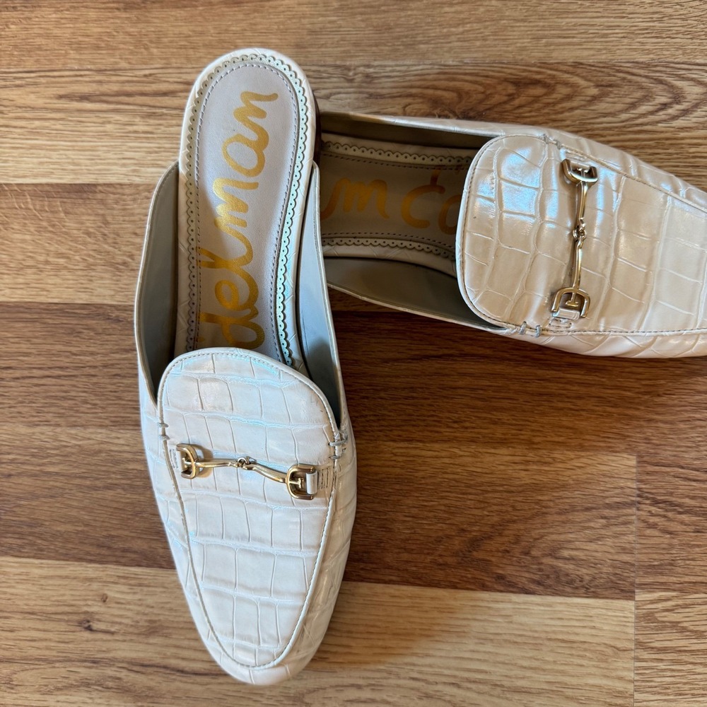 Sam Edelman Cream Croc-Embossed Horsebit Mules Loafers – Size 9M‎